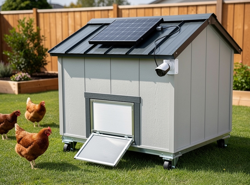 Modern shed-style portable chicken house with smart automation hardware including automatic door, solar panel, and exterior camera
