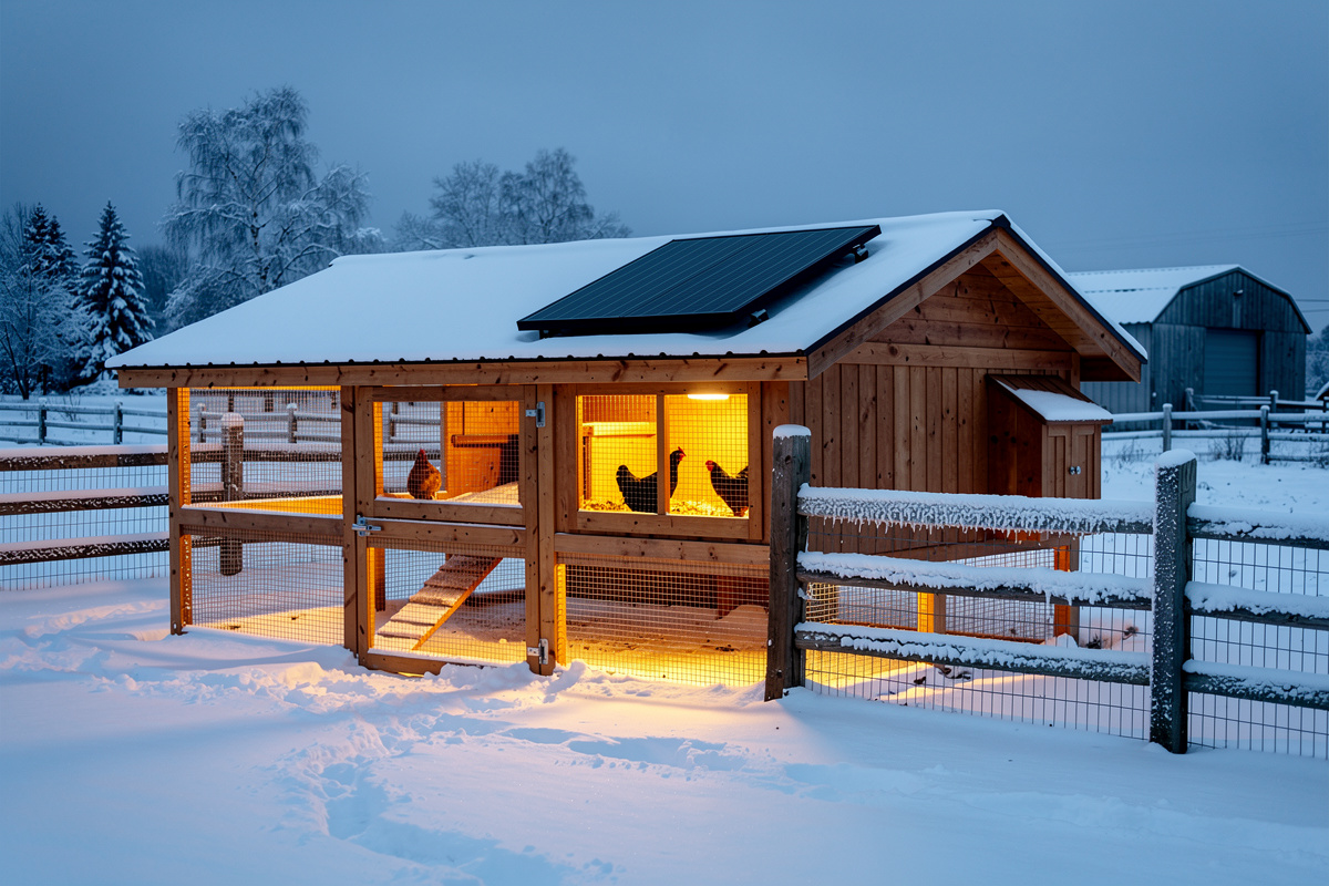 Well-insulated chicken coop with solar panel on roof in snowy conditions