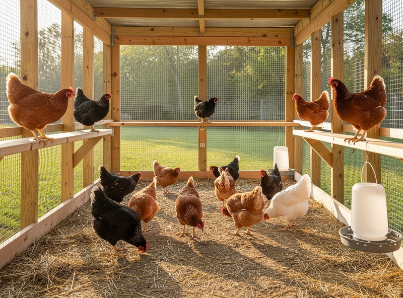 Large walk-in chicken run with multiple zones for 15 chickens