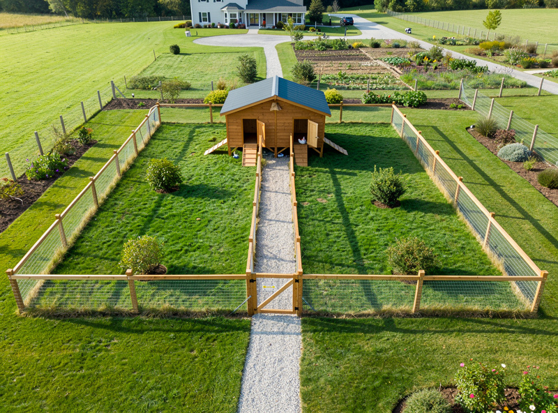 Two adjacent chicken run paddocks for rotational use with central coop