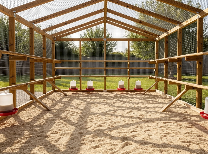 Large walk-in chicken run with sand flooring and roosting bars