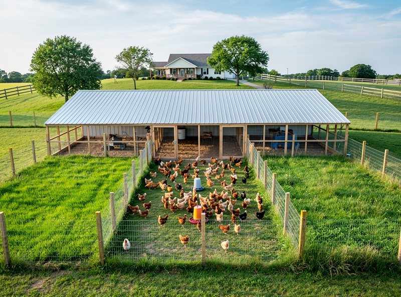 Large pole barn chicken coop interior with thirty hens, multiple roost banks, and bulk feed storage