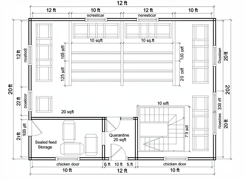 Floor plan of a 12x20 ft large chicken coop showing two nesting box banks, four parallel roost bars, dedicated feed storage room, and quarantine area for fifty hens