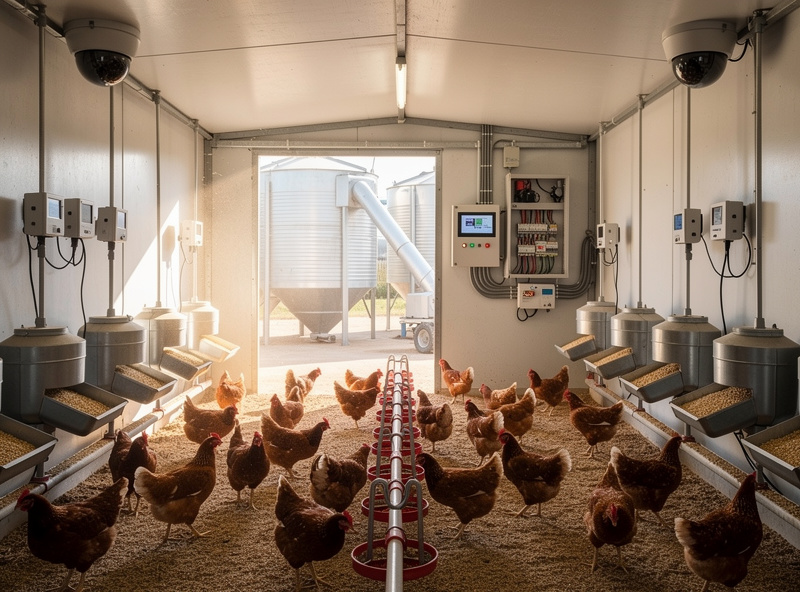Smart large chicken coop with multiple cameras, ammonia sensors, multi-station feeding system, and bulk feed silo