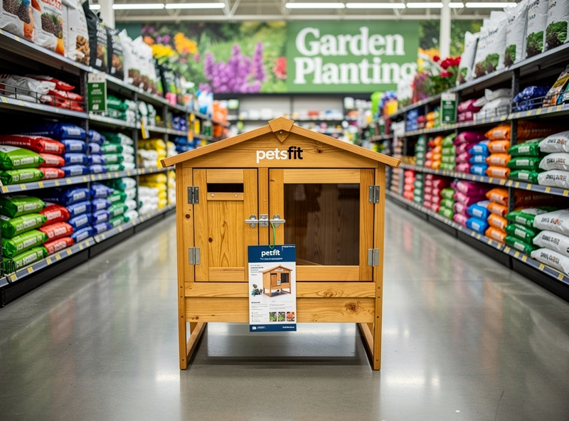 A Petsfit brand wooden chicken coop displayed inside a Lowes home improvement store with retail signage and seasonal garden displays in the background