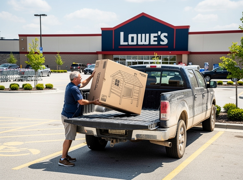 A homeowner loading a flat-pack chicken coop box from a Lowes parking lot into the bed of a pickup truck, store sign visible in background