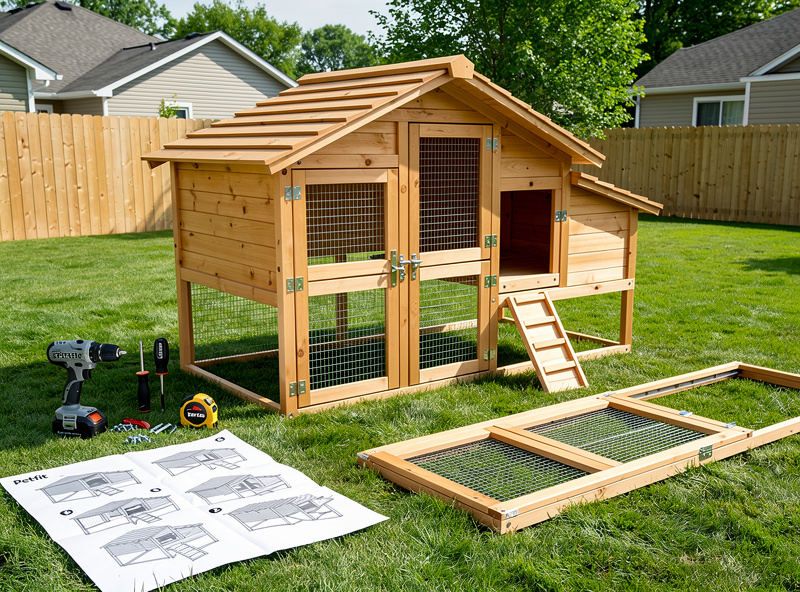 A Petsfit wooden chicken coop being assembled in a suburban backyard with assembly instructions visible, daytime, mid-process construction