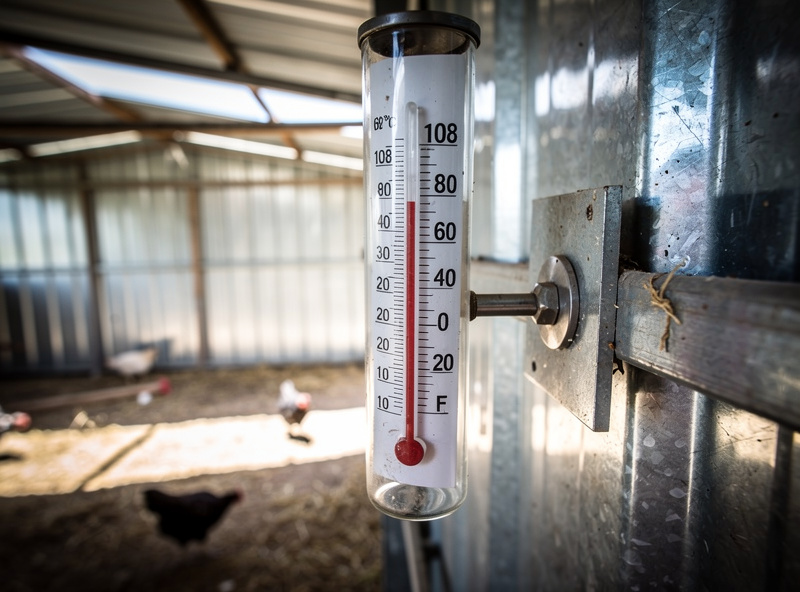 Thermometer showing 108 degrees Fahrenheit inside an uninsulated metal chicken coop on a hot summer day