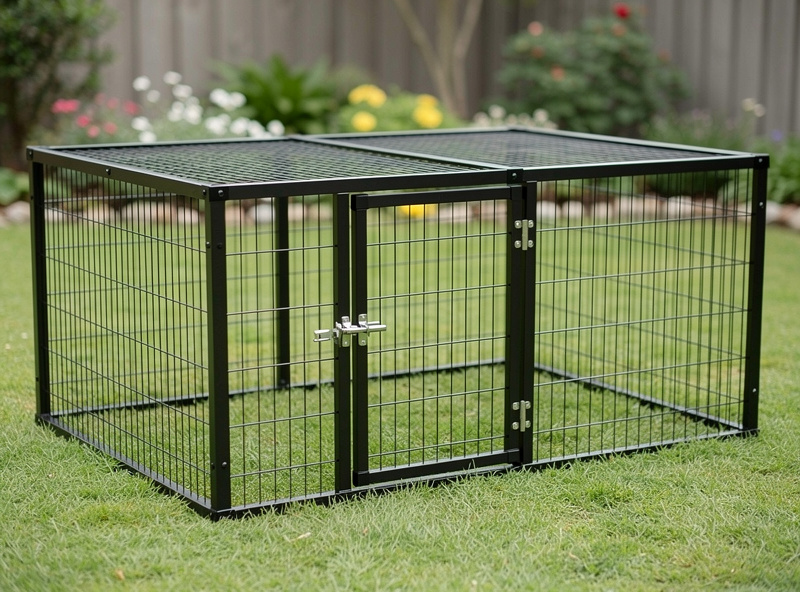 Metal chicken run with galvanized frame and welded wire panels in operation
