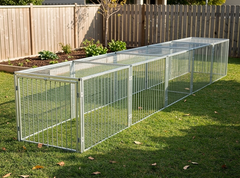 Modular metal chicken run with steel frame extending across yard