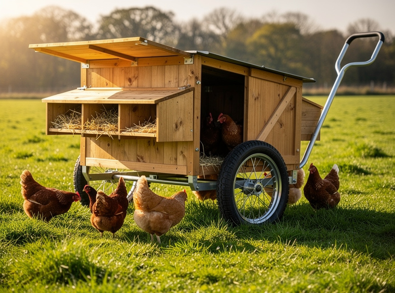 Wheeled mobile chicken coop being rotated across a pasture with hens visible inside
