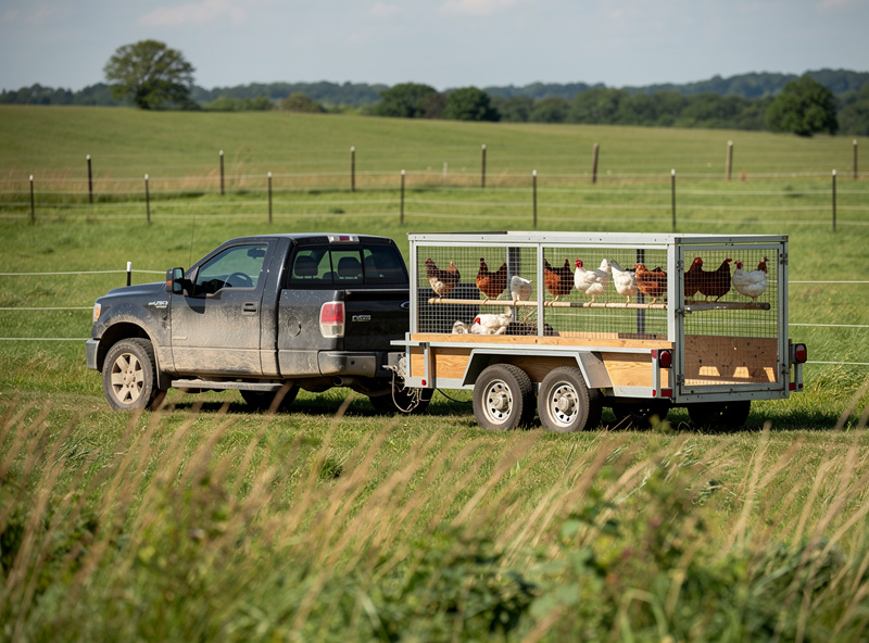 Trailer-mounted mobile chicken coop being towed across a pasture by a pickup truck during rotational grazing
