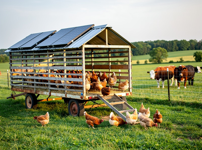 Eggmobile-style large mobile chicken coop with solar panels on roof following cattle in rotational grazing pattern