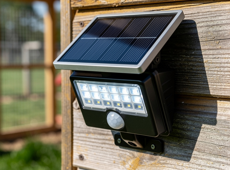 Solar-powered motion-sensor LED security light mounted on the side of a chicken coop