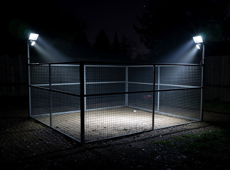 Two motion-sensor lights mounted at opposite corners of a chicken run illuminating the perimeter at night