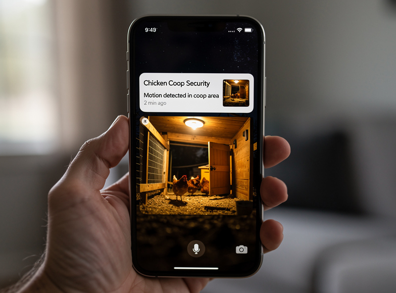 Smartphone showing a motion alert notification from a chicken coop security app with camera thumbnail