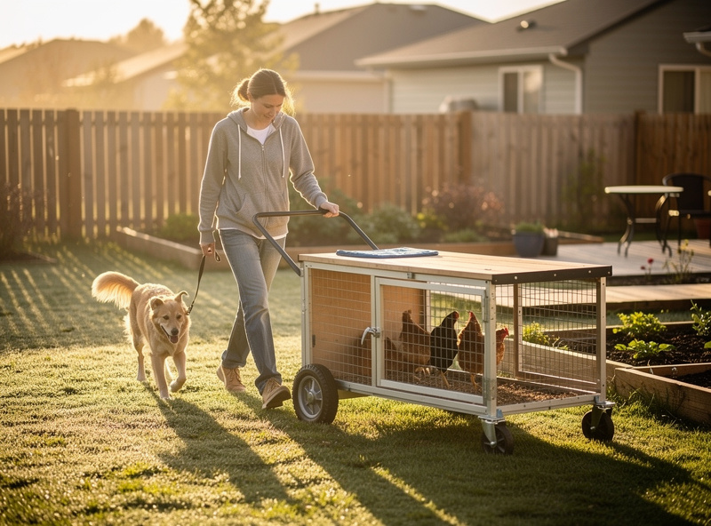 Family moving a movable chicken coop across the backyard with daily rotation grid visible in grass