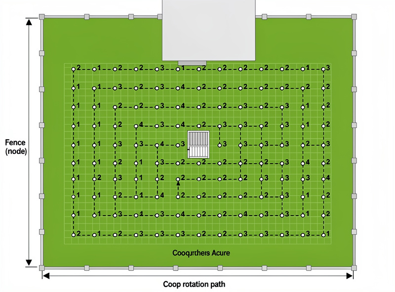Diagram showing a daily rotation grid pattern for a movable chicken coop across a quarter-acre suburban lawn