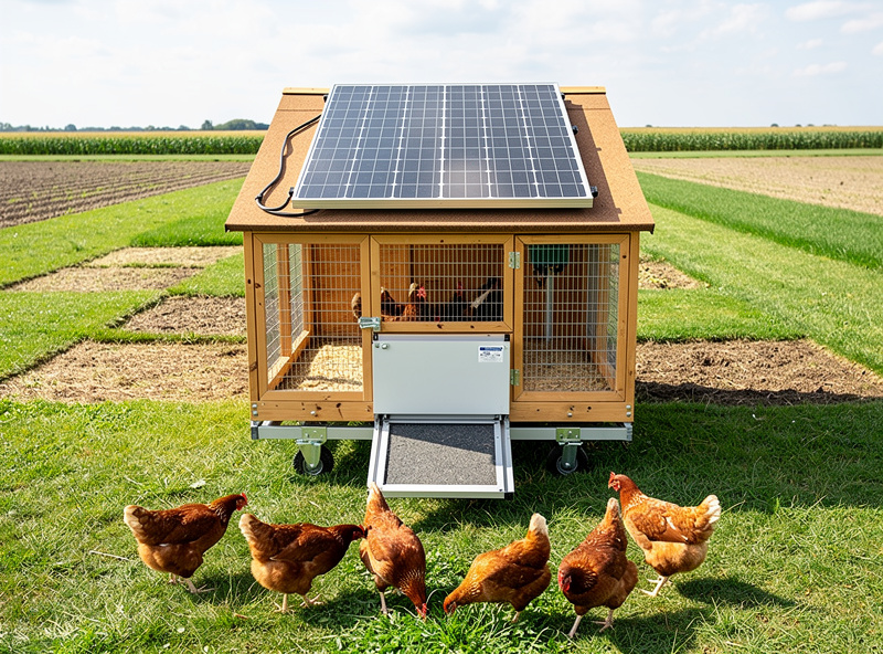 Smart movable chicken coop with solar panel, automatic door, and weekly rotation pattern visible across a backyard lawn