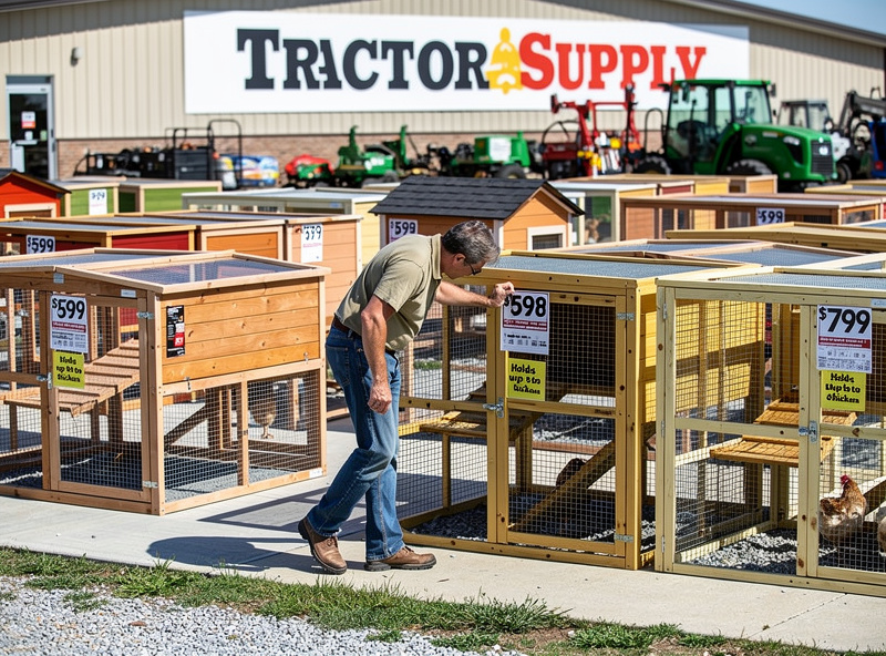 Local farm store with chicken coops on display in the outdoor section ready for pickup
