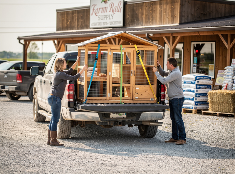 Pickup truck loading a chicken coop at a local farm store with seller helping secure the coop in the truck bed