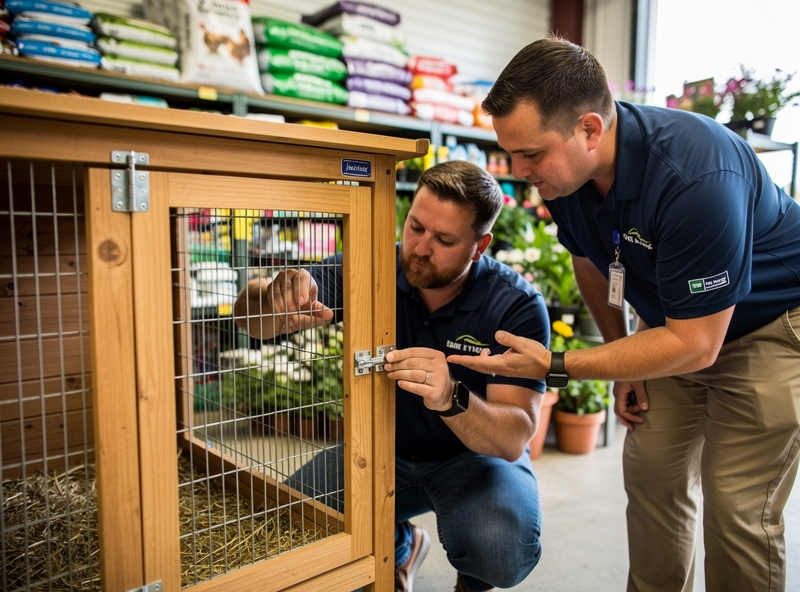 Customer inspecting a quality chicken coop at a local feed and garden center before purchase