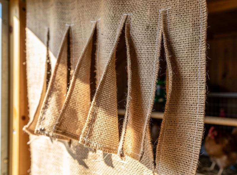 Close-up of vertical slits cut in a burlap nesting box curtain showing the panels hanging open