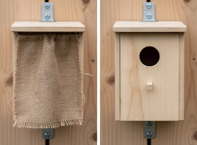 Two adjacent nesting boxes side by side, one with burlap curtain and one open, set up for A/B comparison testing