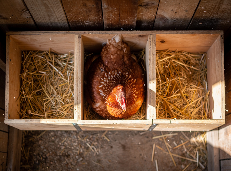 Overhead view of three plywood nesting boxes inside a chicken coop, one with a hen sitting in it, two empty showing fresh straw