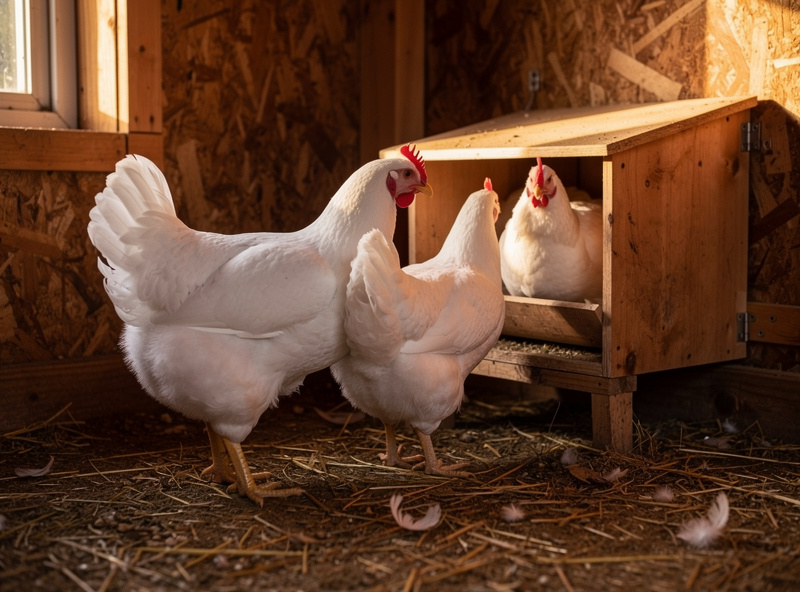 Two white Leghorn hens waiting in line behind a single occupied nesting box inside a chicken coop