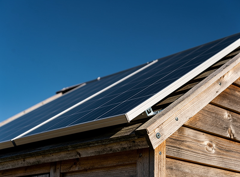 Solar panel mounted on chicken coop roof feeding battery bank