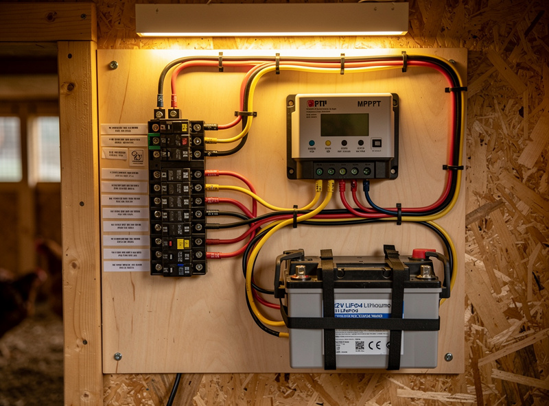 Charge controller and battery installation inside chicken coop access panel
