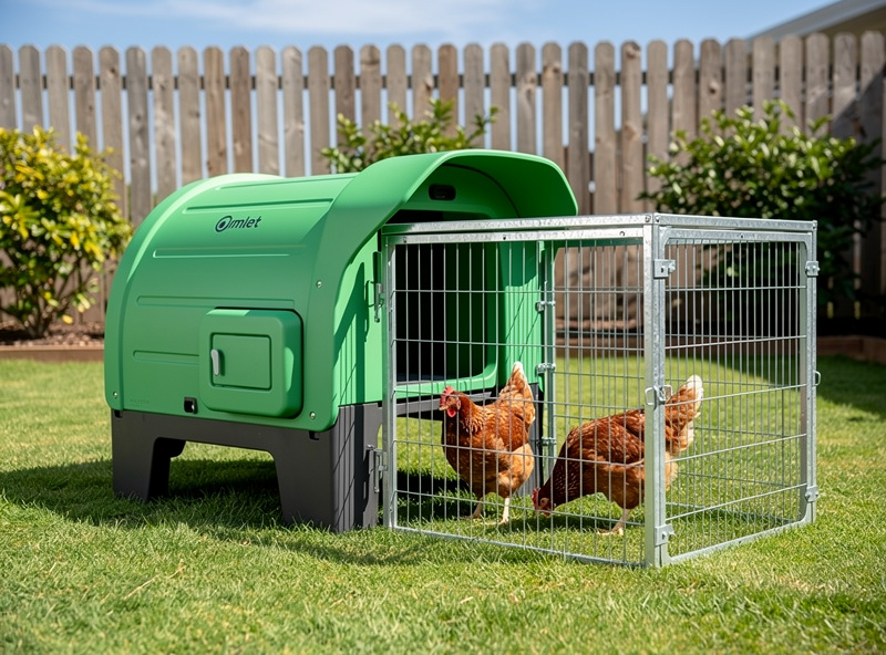 A green Omlet Eglu Cube chicken coop with attached walk-in run on a suburban lawn with two brown hens visible inside the run