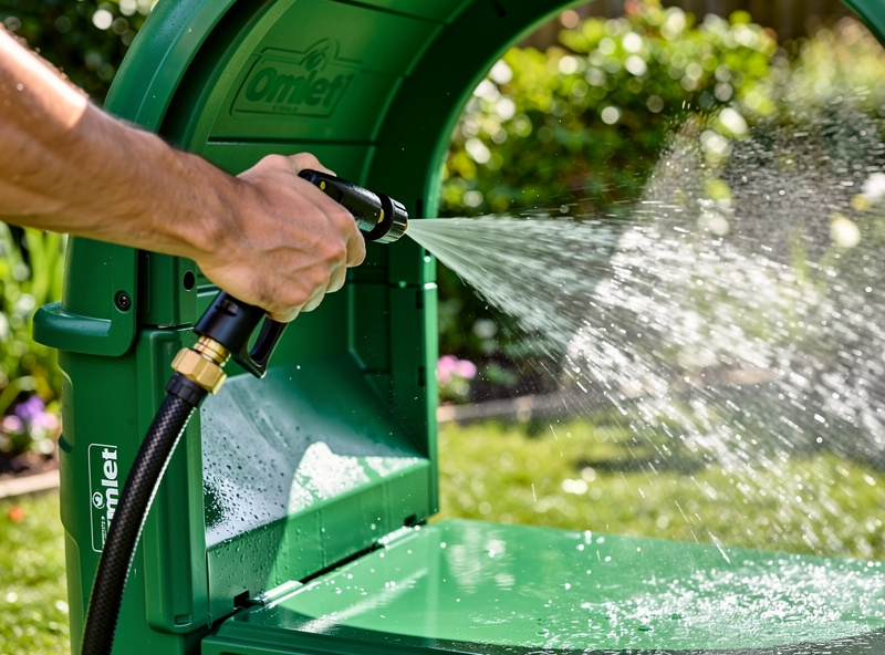 Hand pressure-washing the inside of a green Omlet Eglu coop with a hose, water spraying off the smooth HDPE plastic surfaces