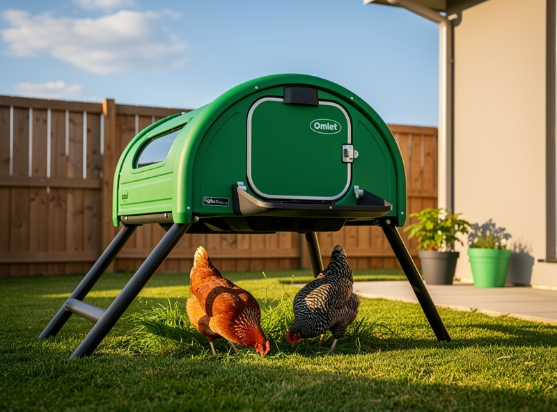 A green Omlet Eglu Go Up coop elevated on a powder-coated metal frame with two hens pecking on the grass underneath the raised coop body
