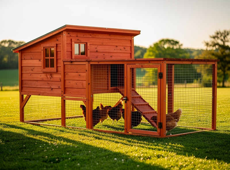 A Western Red cedar Over EZ Standard chicken coop with attached walk-in run on a green lawn in late afternoon sun, several brown hens visible inside