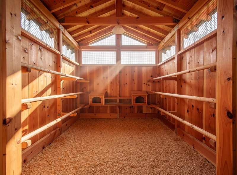 Interior view of an Over EZ walk-in cedar chicken coop showing roosting bars perches and ample standing room, soft natural light from open ventilation