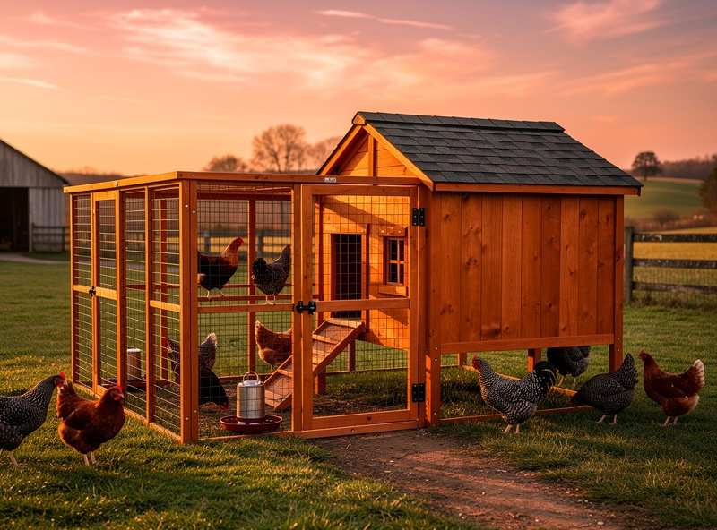 Cedar Over EZ XL chicken coop with extended walk-in run housing twenty mixed-breed chickens on a small farm at sunset