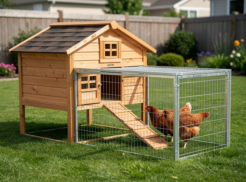 A wooden Pawhut backyard chicken coop with attached run on green grass, two brown hens visible inside, soft afternoon light