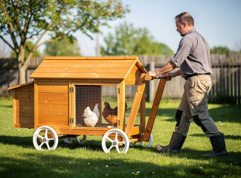 A Pawhut mobile wooden chicken coop with two PVC wheels being moved across a lawn by a backyard chicken keeper