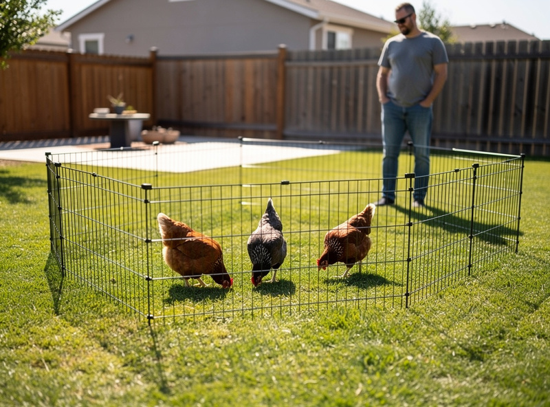 Lightweight portable chicken pen set up on a backyard lawn with chickens visible inside