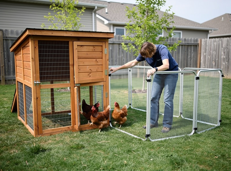 Folding mesh panel chicken pen being set up next to a fixed walk-in chicken coop for day-pen rotation