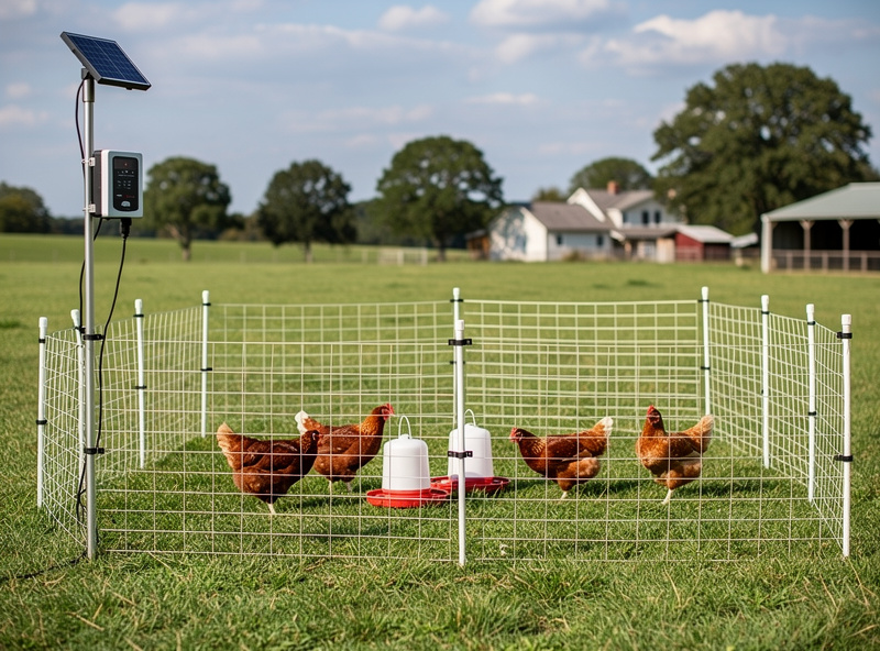 Electric netting portable chicken pen with solar charger covering a large free-range area