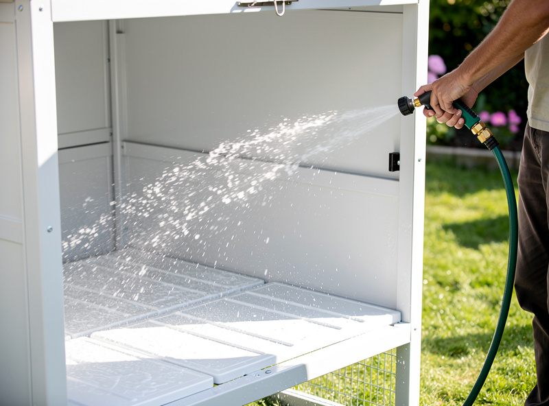 Person hosing down the inside of a plastic chicken coop showing how easily HDPE walls clean