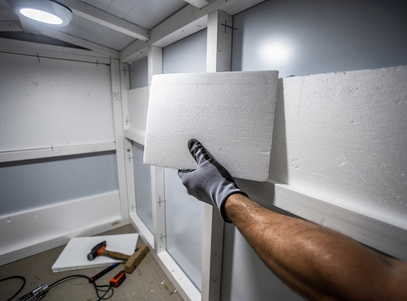 Rigid foam insulation panel being installed inside a plastic chicken coop wall for cold weather use