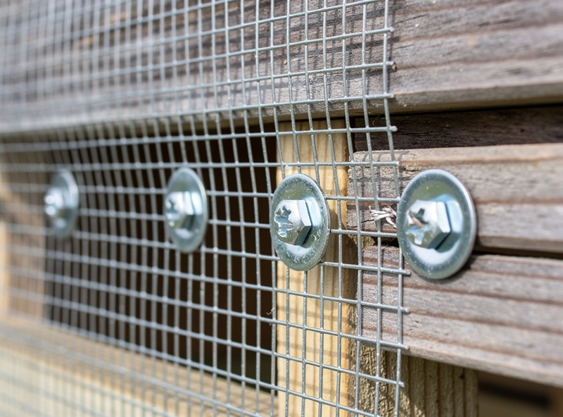 Detail close-up of half-inch galvanized hardware cloth screwed into a wooden chicken coop wall with washers