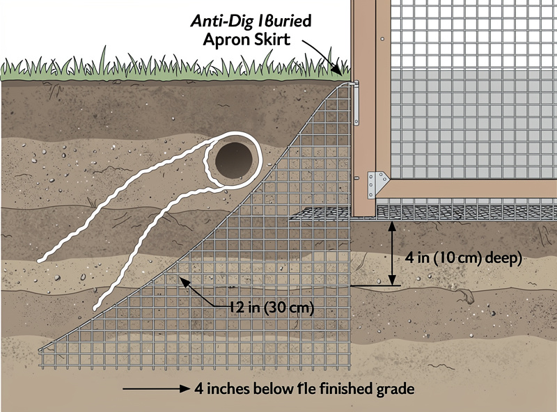 Cross-section illustration of a buried apron skirt around a chicken run wall with hardware cloth bent outward and buried