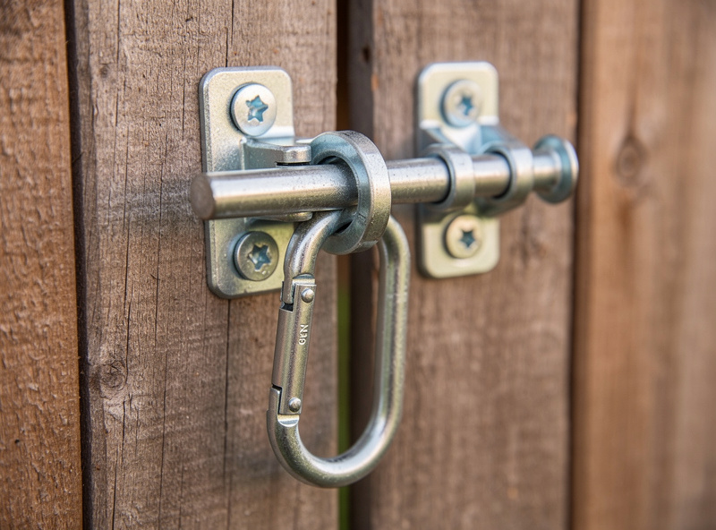 Carabiner-locked T-handle latch on a chicken coop door showing predator-grade hardware with two-step opening mechanism