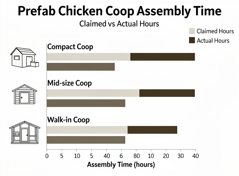 Comparison illustration showing prefab kit assembly timeline with claimed vs actual hours for compact, mid-size, and walk-in coops