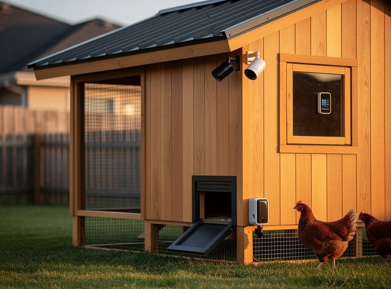 Premium prefab chicken coop with smart automation hardware integrated including automatic door and sensor mounting
